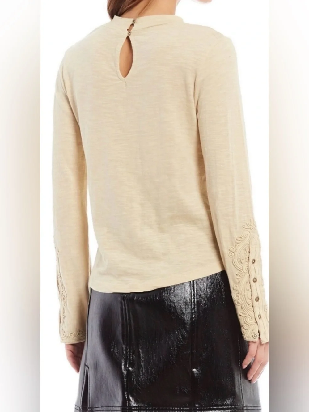 Free People We The Free Hooked On You Embroidered Cuff Top Size Large Wheat